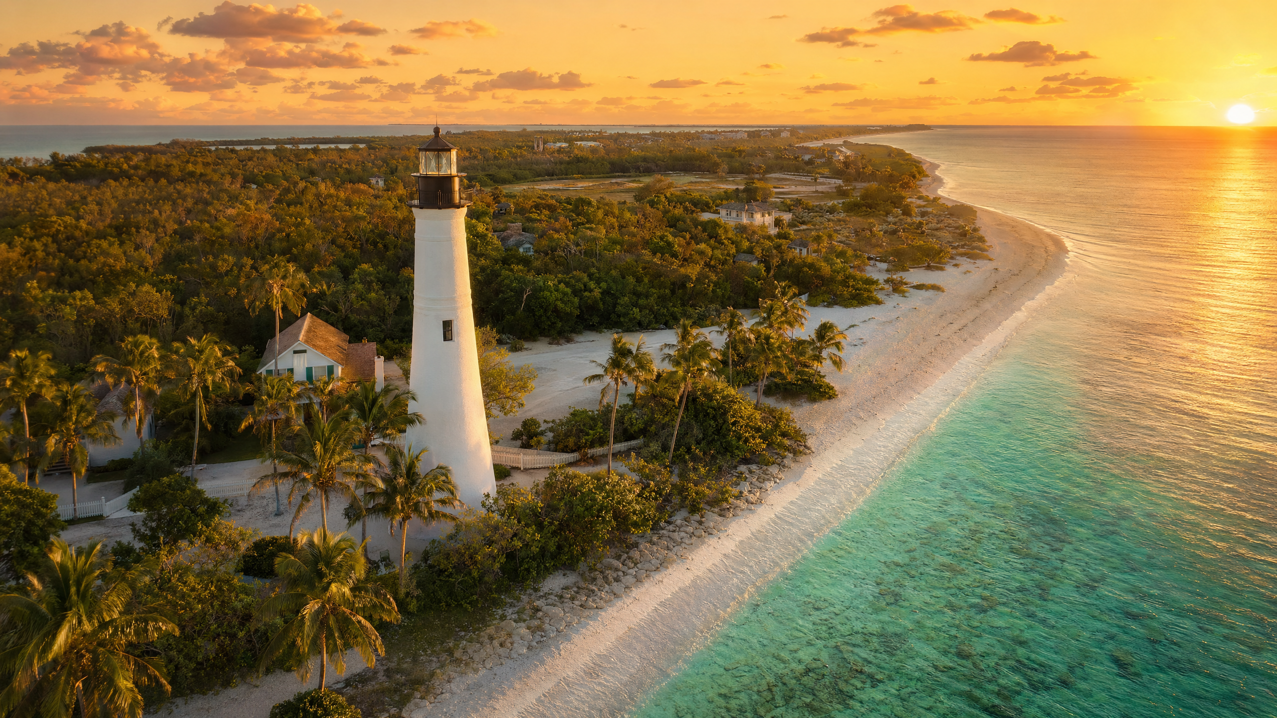 Aerial view of Boca Grande lighthouse at golden hour on Gasparilla Island