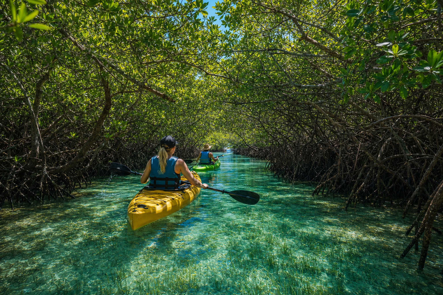 Kayakers paddling through ancient mangrove tunnels on Gasparilla Island