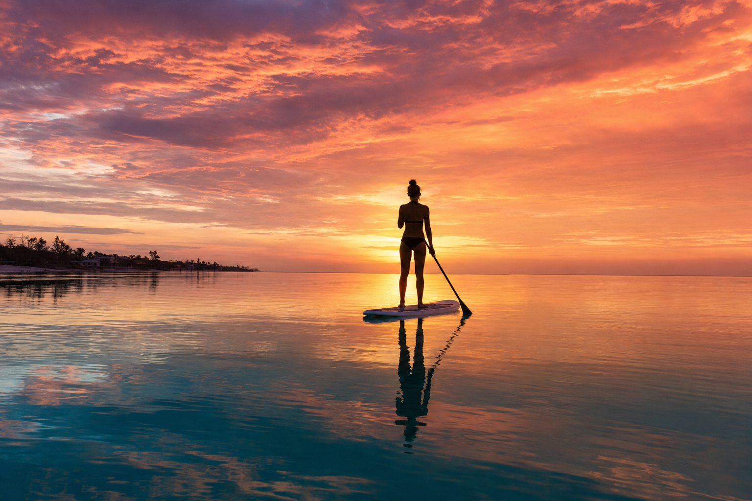 Stand-up paddleboarder on the calm turquoise waters of Gasparilla Island at sunset